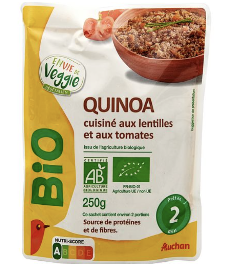 Marque Auchan bio - Quinoa cuisiné aux lentilles et tomates bio